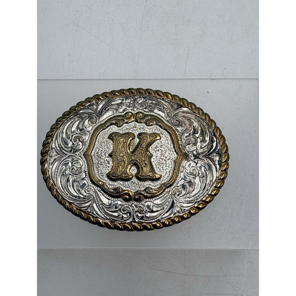 Crumrine Letter K Western Engraved Oval Belt Buckle USA Silverplate Gold Accent main image 4